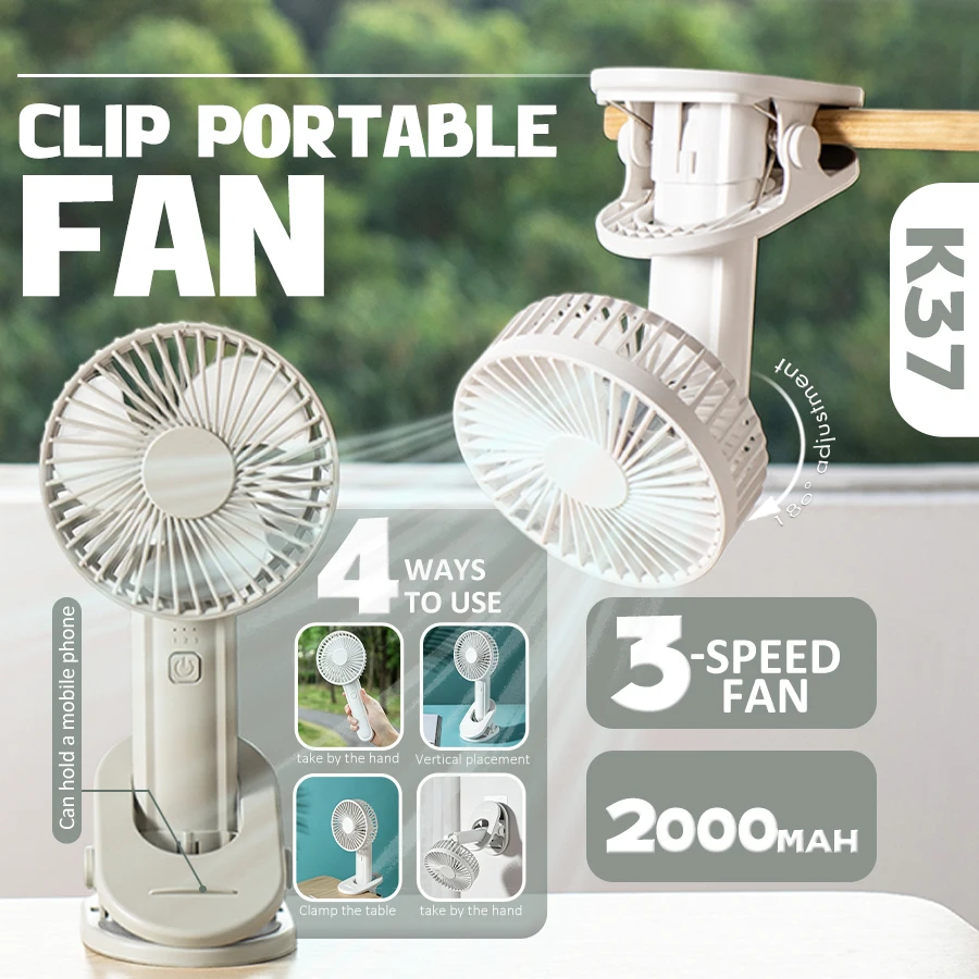 

5-in-1 USB Portable Fan, Handheld/Desktop/Wall/Clip, Phone Stand, 3 Speeds, 2000mAh Rechargeable, Foldable, 180° Adjustable.