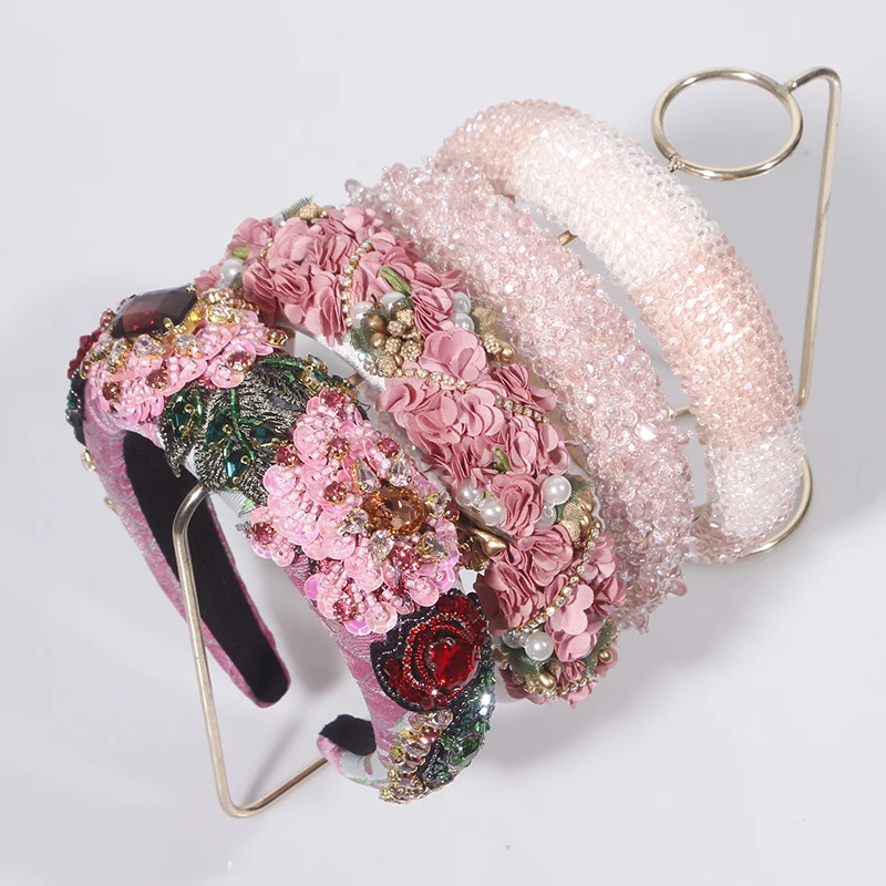2023 Sparkly Pink Full Crystal Princess Headbands Rhinestone Baroque Hairbands For Women Hair Accessories Girls Wedding Tiara