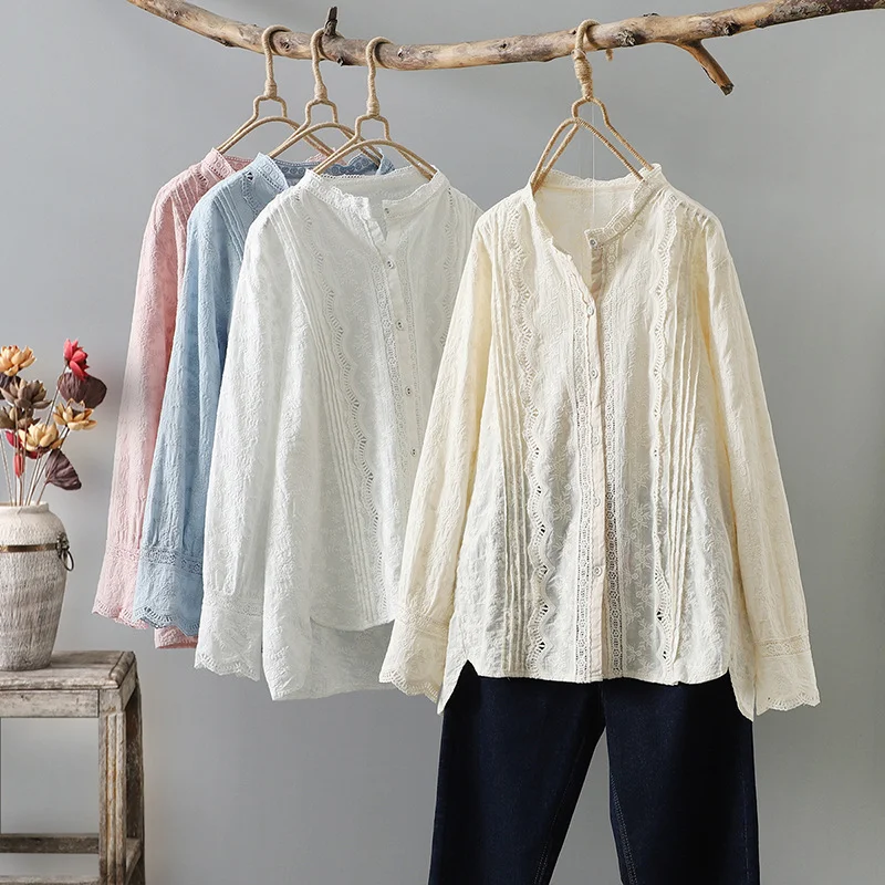 Bohemian Blouse for Womens Elegant Stand Collar Lace Embroidered Hollow Out Shirts Boho Korean Style Women\'s Clothing