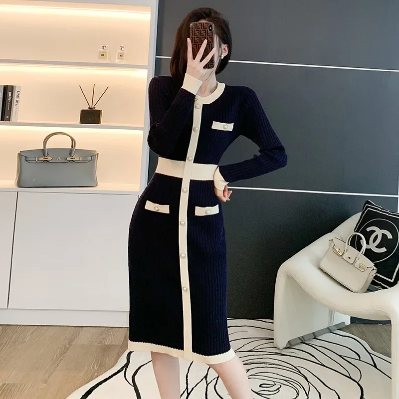 2024 Knit Dress Women Autumn And Winter Ribbed Contrast Long Sleeve High Waist O-Neck Gown Dress Knitwear Ladies Maxi Dress R78