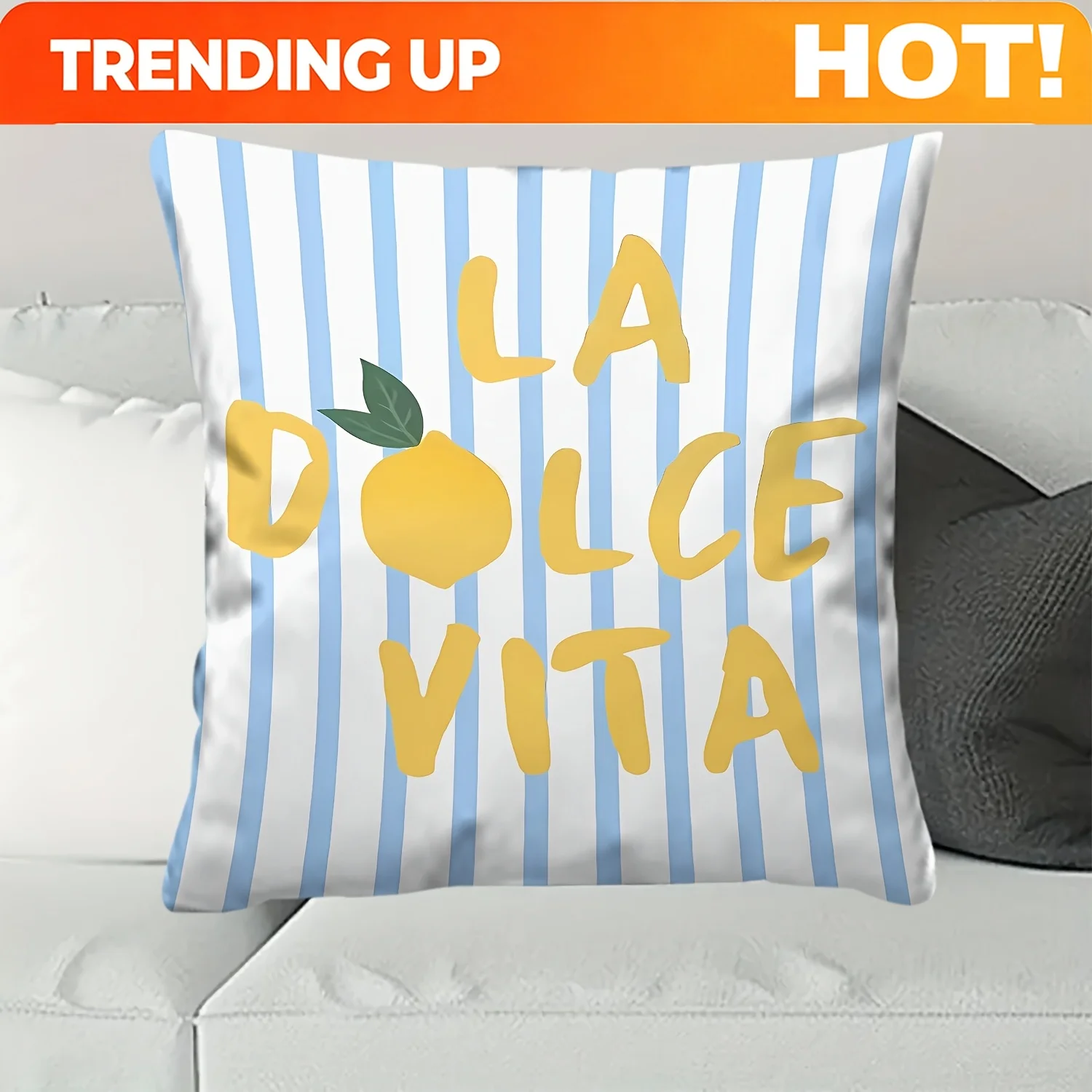 Customize La Dolce Vita Lemon Pillowcase, Blue White Striped Cushion Cover, Italian Summer Quote Decor, Living Room Sofa Throw P
