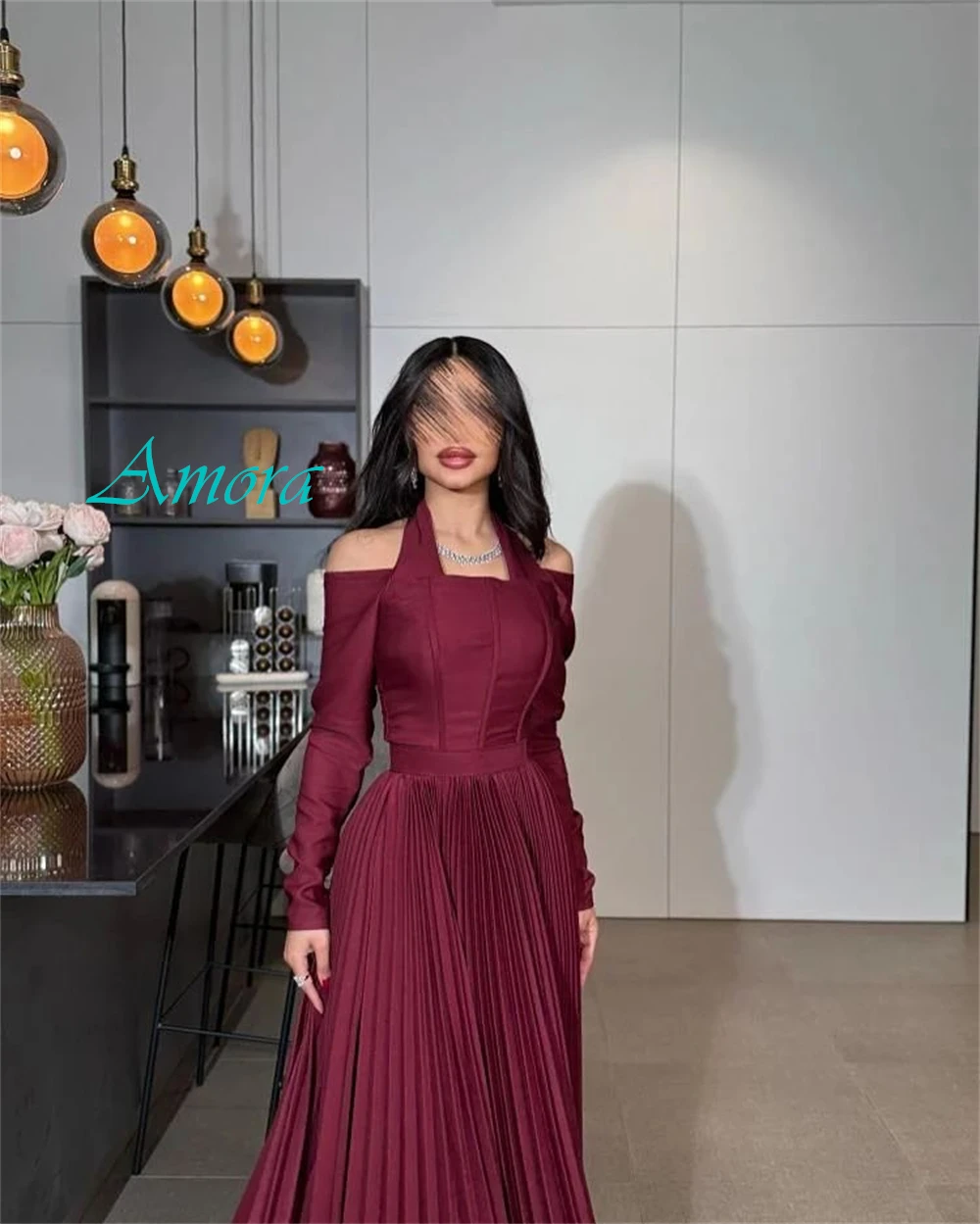 

Customized Modern Satin A-Line Evening Dress Classic Halter Prom Dresses Temperament Long Sleeves Special Occasion Gowns