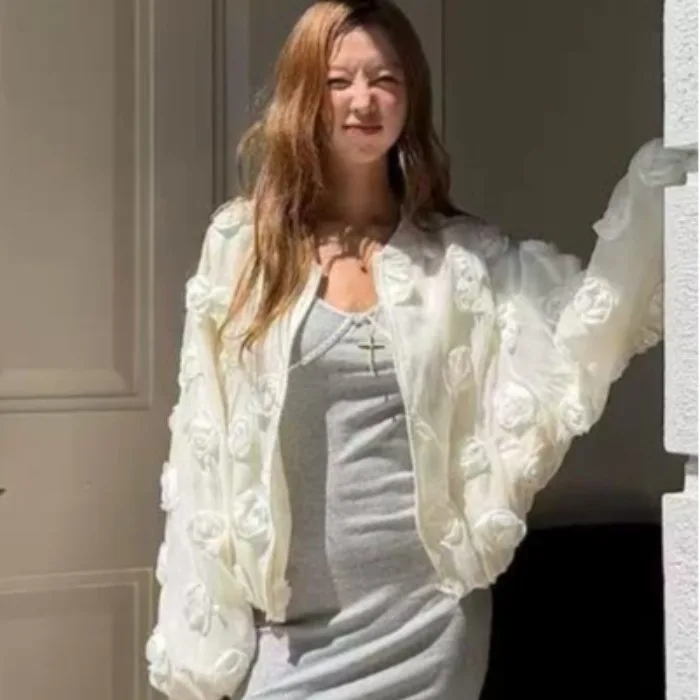 Fashionable 3D Rose Floral Tulle Baseball Jacket New 2026 Women's Short Outerwear Standard Fit Other Material 100% Chinese Made