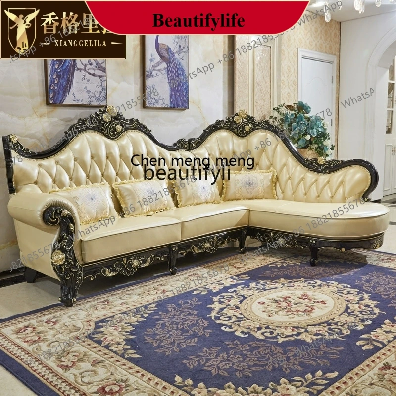 z183 European leather corner sofa, first layer cowhide solid wood carving flower living room luxury combination furniture