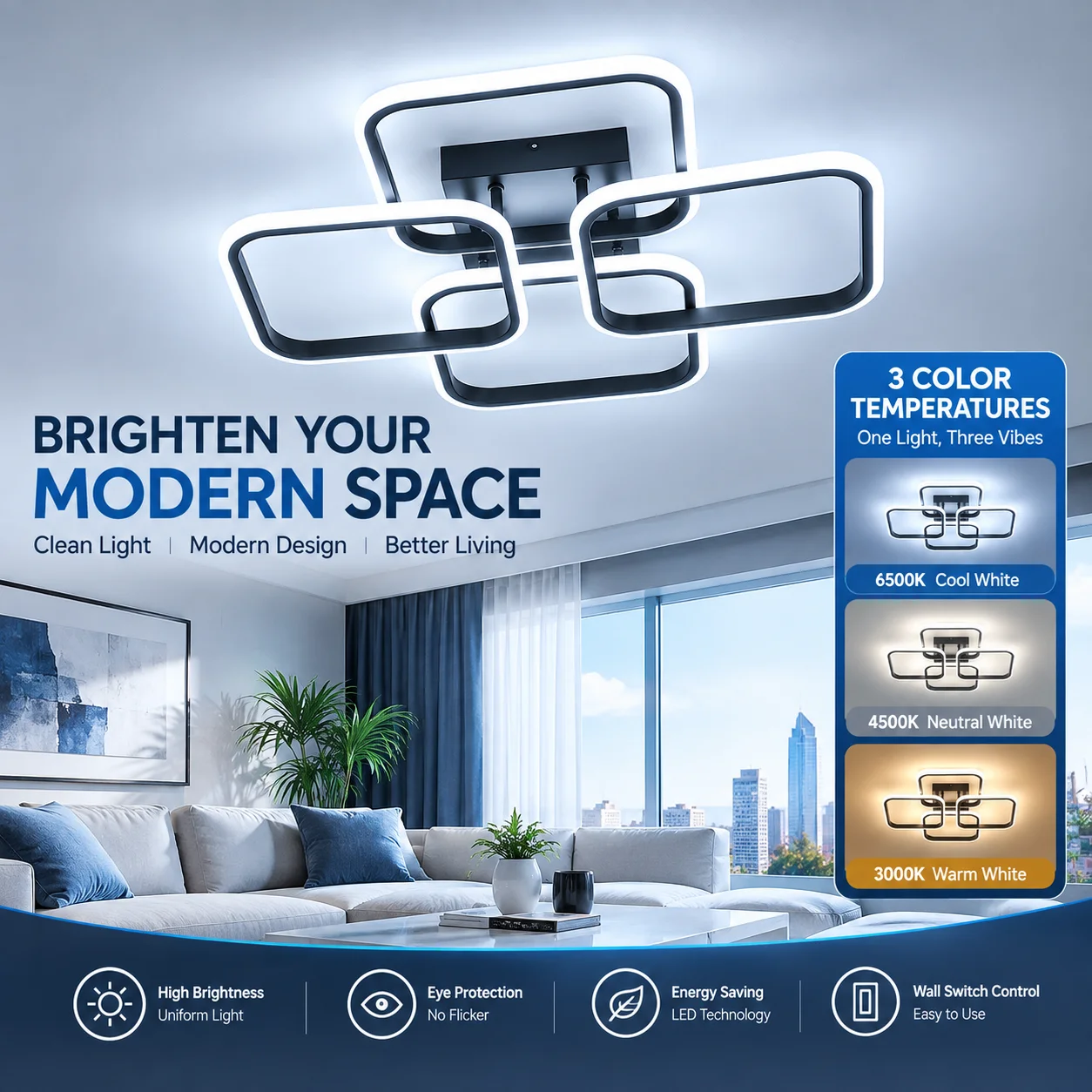 Modern LED Flush Mount Ceiling Lamp 3 Color Changing Light Eye Protection No Flicker Indoor Lighting for Living Room Bedroom