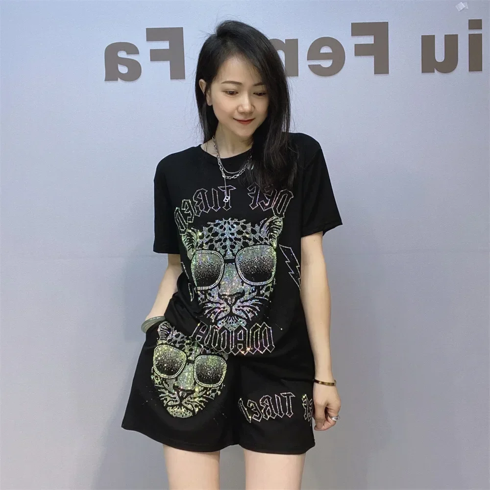 

2025 Spring 2 Piece Sets Womens Outfits Cartoon Diamonds Black Tracksuit Casual Knitting Tops and Shorts Костюм Женский Летний