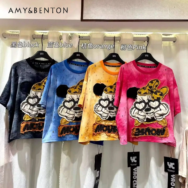 

Spring New Heavy Industry Washed Cotton Cartoon Patch Loose Mid-Length Short-Sleeves Top Y2k Pullovers Women's Casual T-shirts