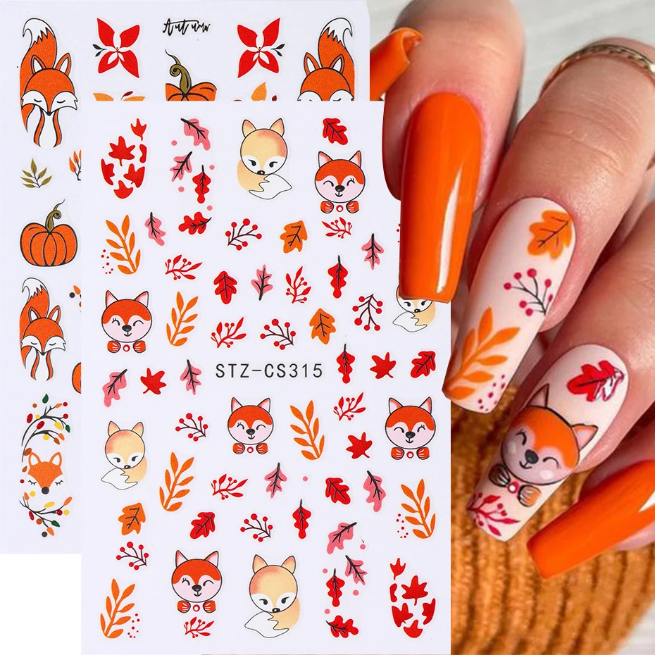 3D Fall Maple Leaf Fox Nail Stickers Autumn Yellow Golden Leaves Plant Self-Adhesive Gel Polish Foils Slider Nail Decoration