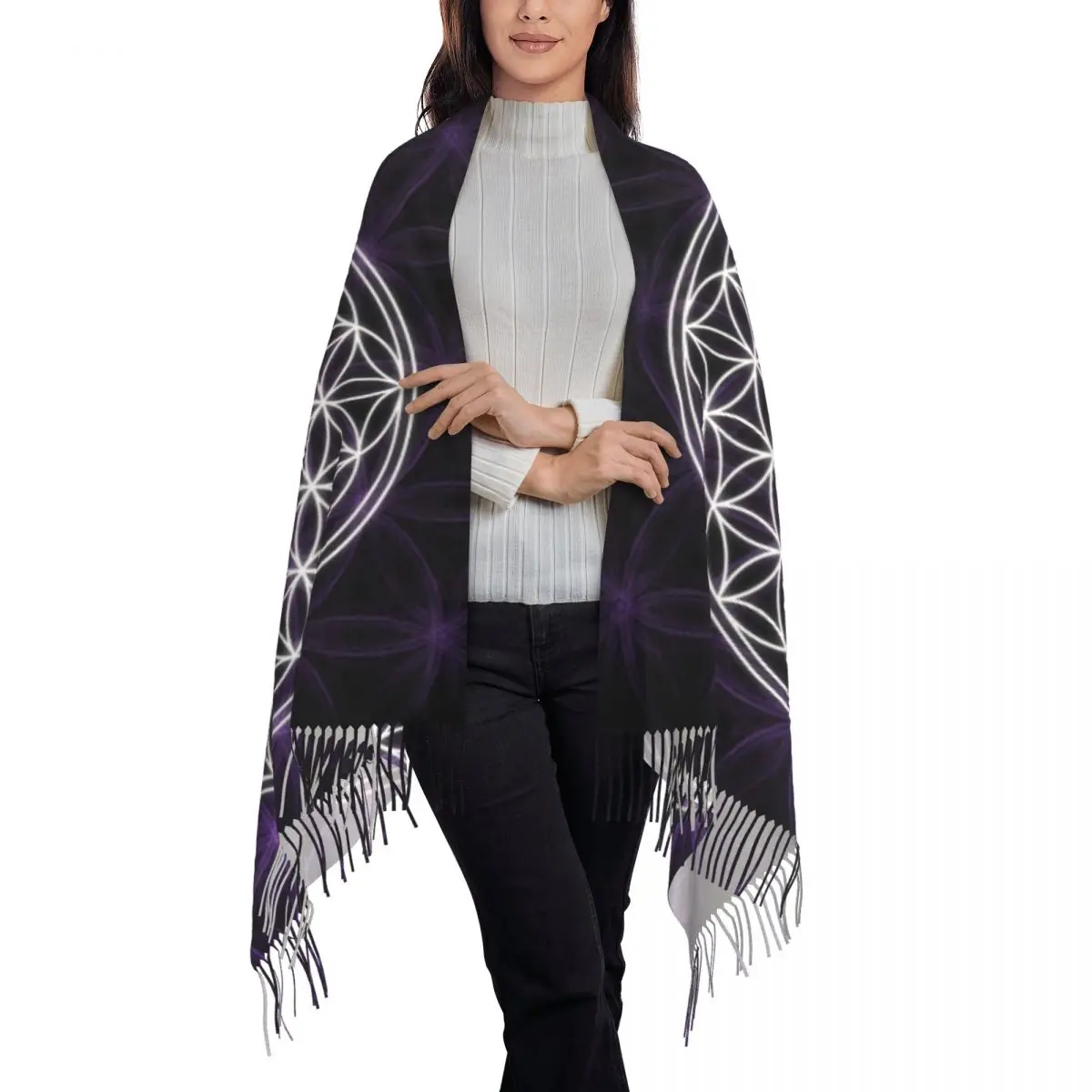 Flower Of Life Sacred Geometry Tassel Scarf Women Soft Geometric Pattern Mandala Shawl Wrap Ladies Winter Fall Scarves