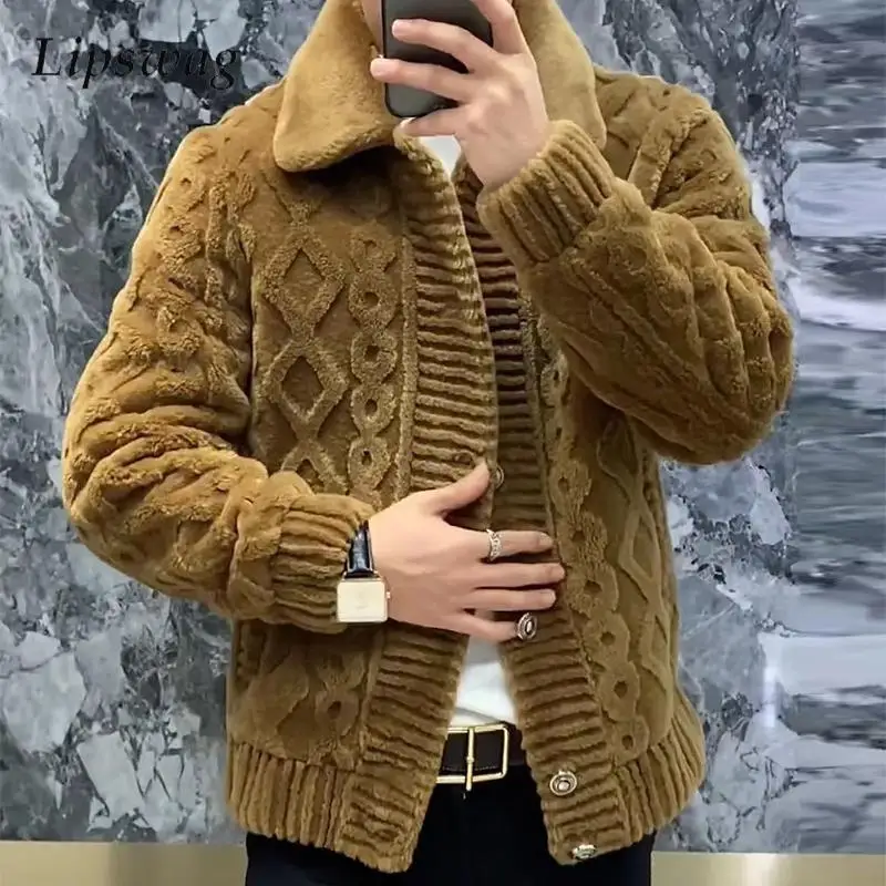 

Винтажные текстурированные вязаные флисовые куртки, мужские повседневные зимние пальто на молнии с лацканами для мужчин, модная однотонная пушистая уютная верхняя одежда