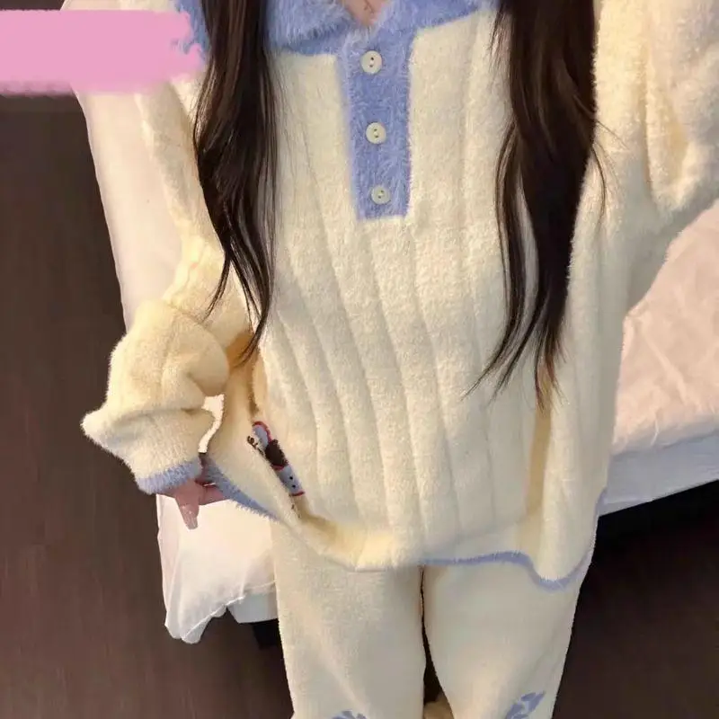 Pijamas de media pila con solapa para mujer, ropa de dormir cómoda y bonita para otoño e invierno, pijama grueso de manga larga, traje para casa de estilo preppy