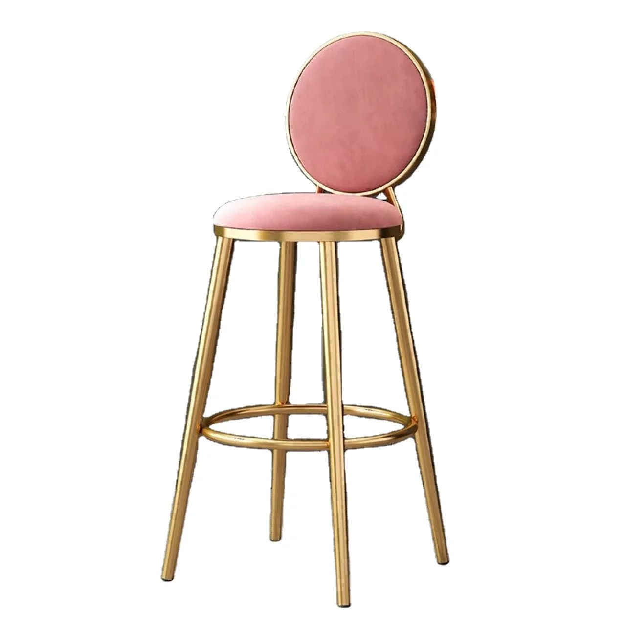 wholesale luxury Nordic style simple cream color pink kitchen velvet fabric high chair stool bar chairs with gold metal legs