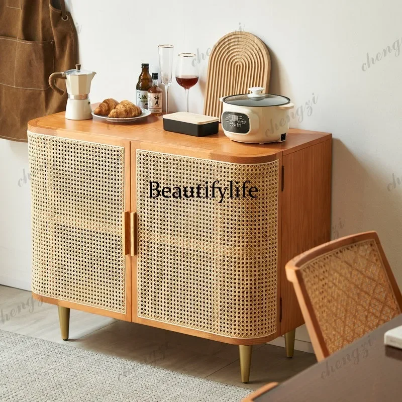 45 Nordic style rattan dining side cabinet solid wood storage cabinet small apartment household short locker