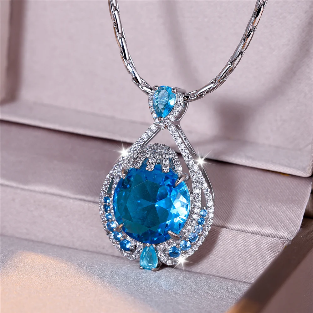 Luxuriöse, blaue, runde Zirkon-Anhänger-Halskette für Damen, silberfarben, zarte Geschenke, Hochzeitsschmuck für Frauen – Detail 1