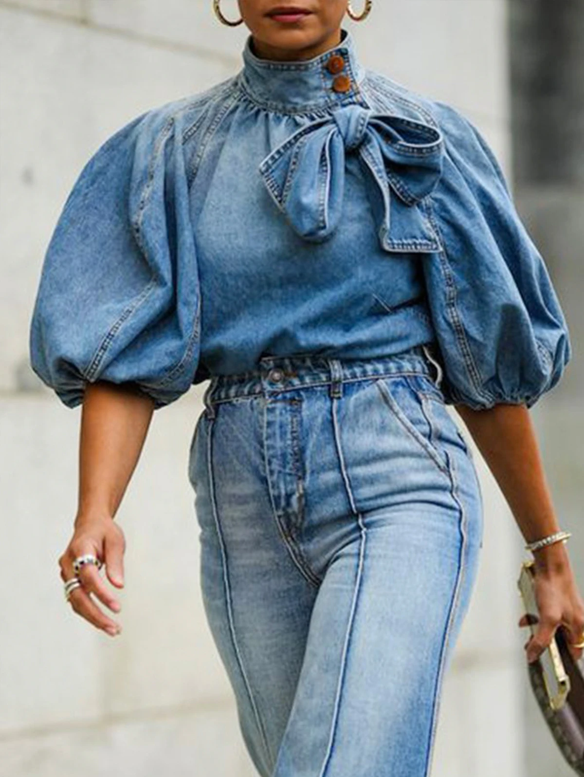 Spring Casual Denim Shirt Women\'s Versatile Basic Loose Blouse Stand Collar Lantern Sleeve Female Bow Decor Lace-up Tops