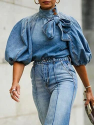 Spring Casual Denim Shirt Women's Versatile Basic Loose Blouse Stand Collar Lantern Sleeve Female Bow Decor Lace-up Tops