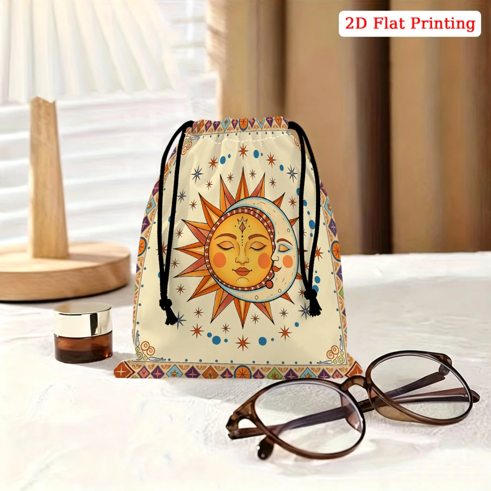 1Pc Bohemian Drawstring Bag Cream Sun Moon Star Print Storage Small Pouch Travel Cosmetic Organizer For Women Portable Gift