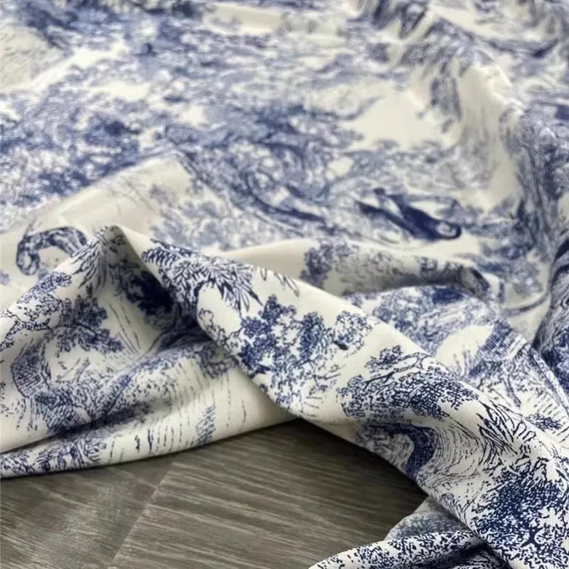 European And American Fashion Blue Jungle Animals Printed Twill Natural Silk Fabric For Women Dress Blouse Handmade DIY Cloth