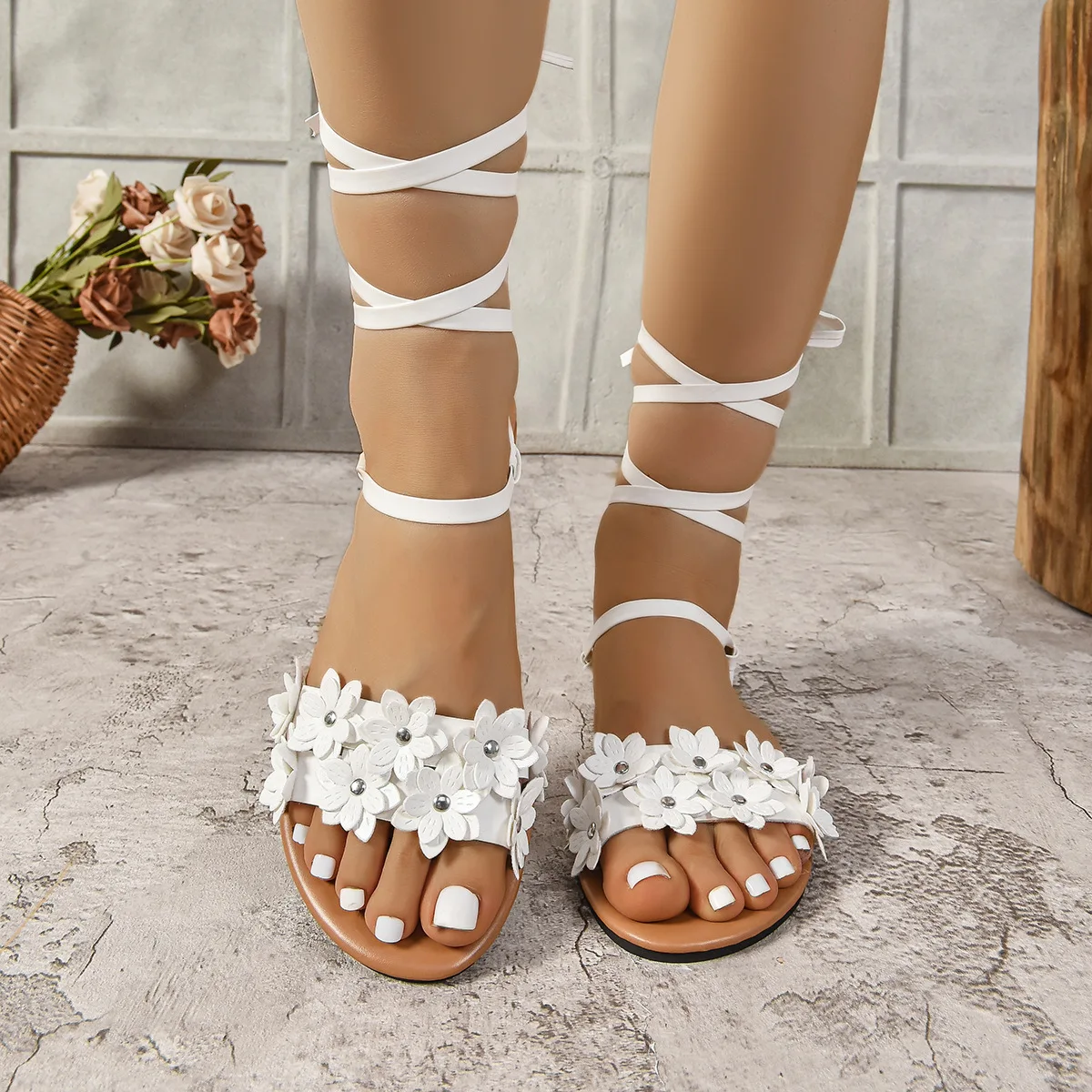 

Women's Summer Sandals Open Toe Beach Sandals Flower Cross Long Spaghetti Strap Shoes