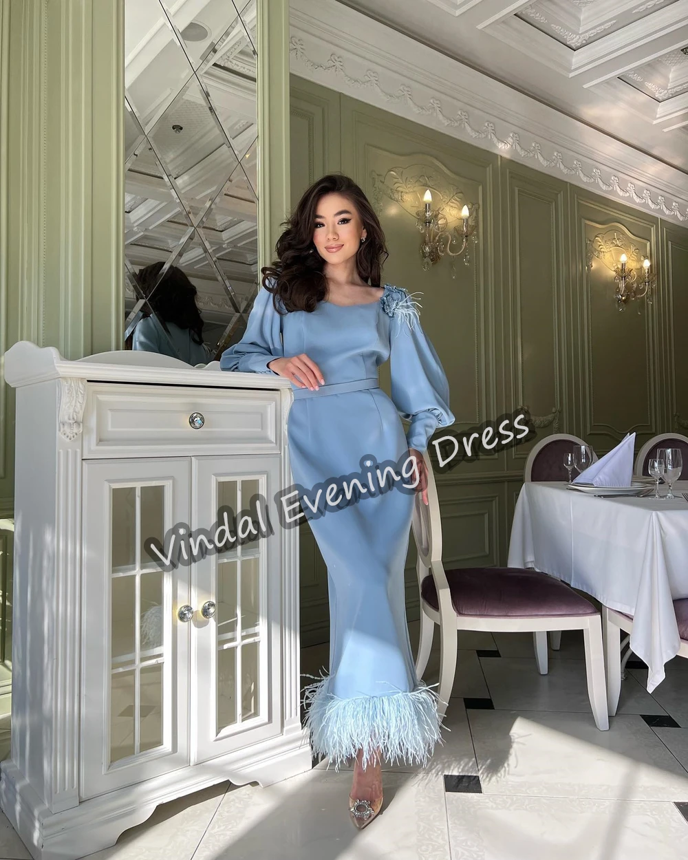 Vindal Evening Dress Scoop Neckline Tea Length Mermaid Elegant Built-in Bra Crepe  Long Sleeves Saudi Arabia For Woman 2024