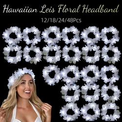 12-48Pcs LED Hawaiian Leis White Floral Headband Light Up Flower Crown for Women Luau Party Beach Wedding Supplies