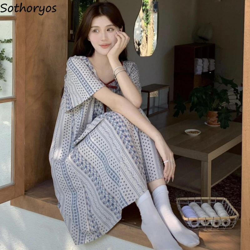 Nightgowns Women Summer Panelled Sweet Printing Lazy Casual Home Sleepwear Korean Style Aesthetic Tender Girlish Outdoor Mujer