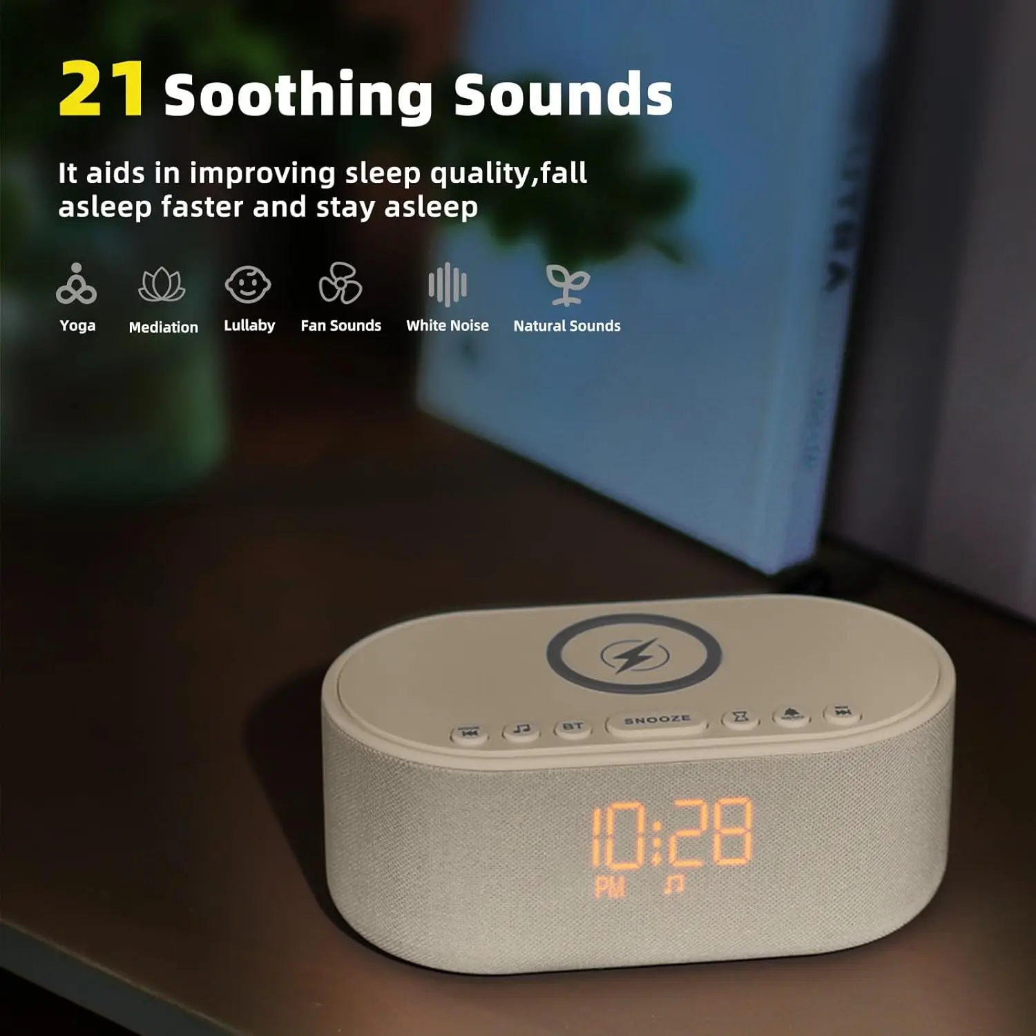 Wireless Charging Alarm Clock with Bluetooth Speaker & 21 Soothing Sounds for Better Sleep