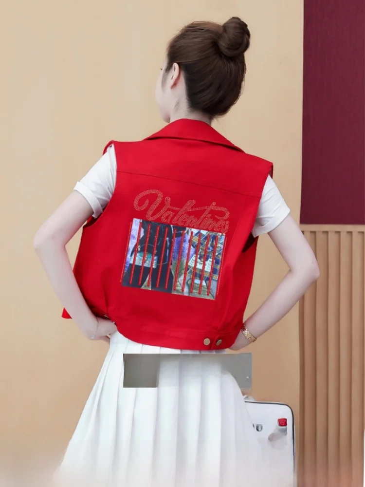 

Джинсовый жилет с блестящим алмазным принтом от бренда Tagkita, весенне-осенний топ, женская модная верхняя одежда с коротким воротником