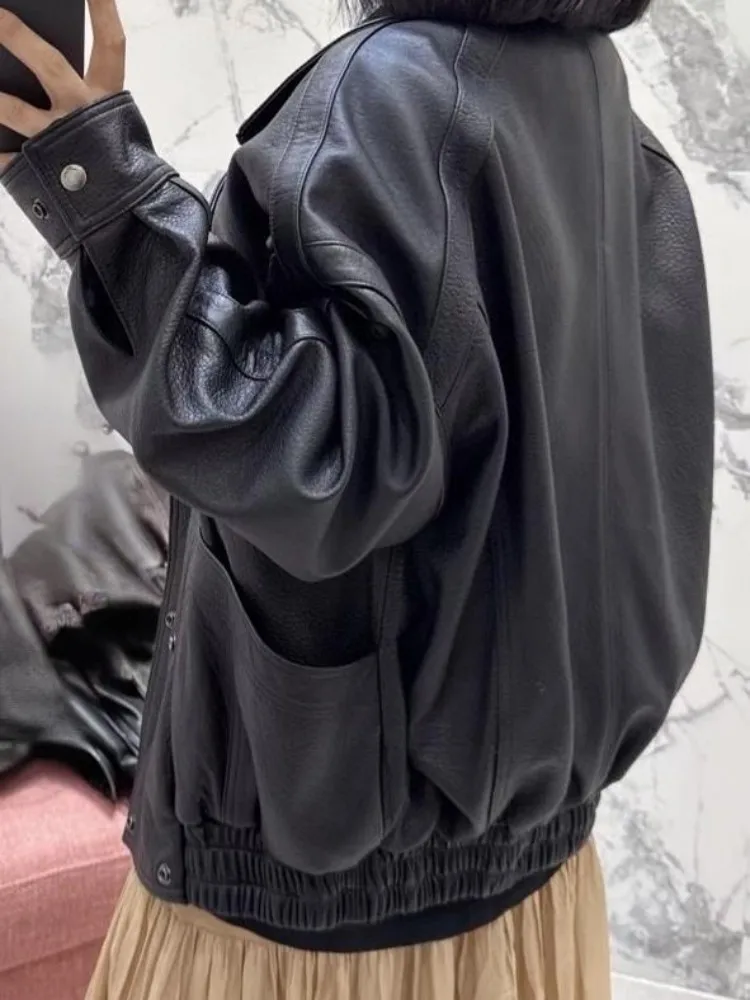 Chaqueta de cuero genuino con cuello levantado para mujer, estilo informal, Color sólido, cremallera holgada, manga larga, ropa de abrigo para motocicleta de piel de oveja