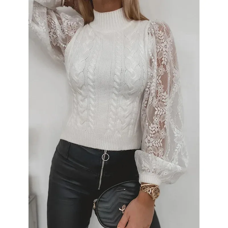 

asdh8@Elegant Lace Stitching Sweater Women Knitted Puff Long Sleeve Top Casual White Pullover Autumn Winter Turtleneck SweatersC
