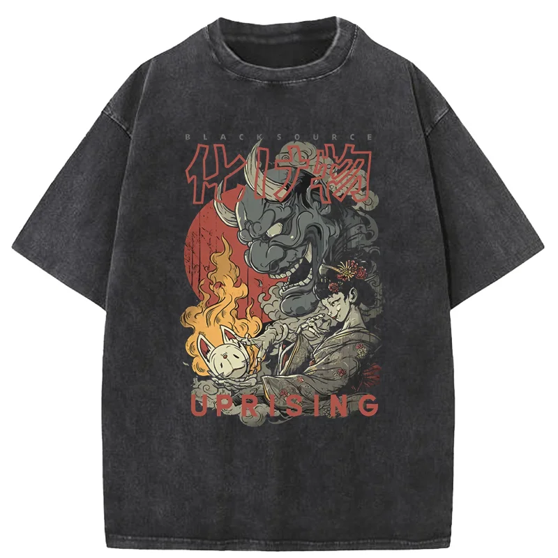 

Japanese Anime Washed T-Shirt for Men and Women, Casual Comfortable T-Shirt with Vintage Cartoon Print Round Neck T-Shirt