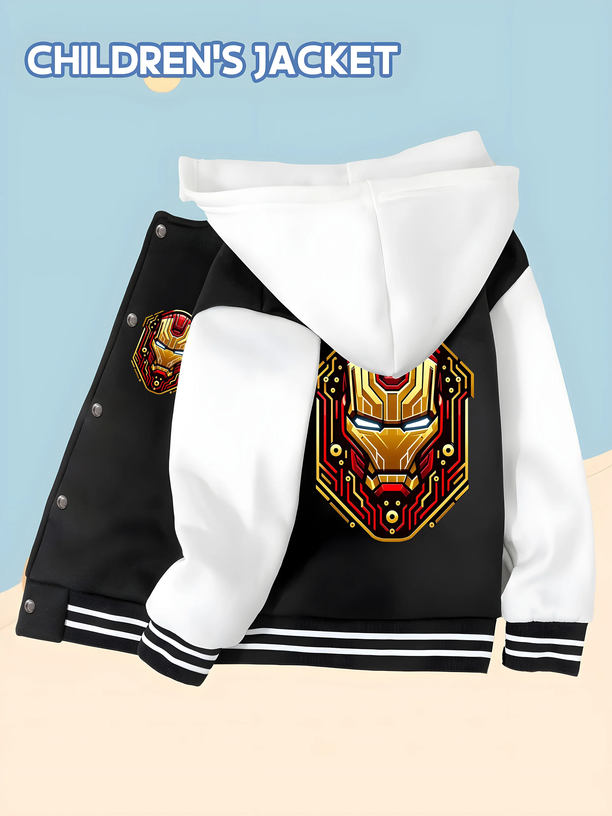 

MINISO Marvel Iron Man mecha style children's baseball jacket - trendy black and white, soft skin-friendly fabric, autumn and wi