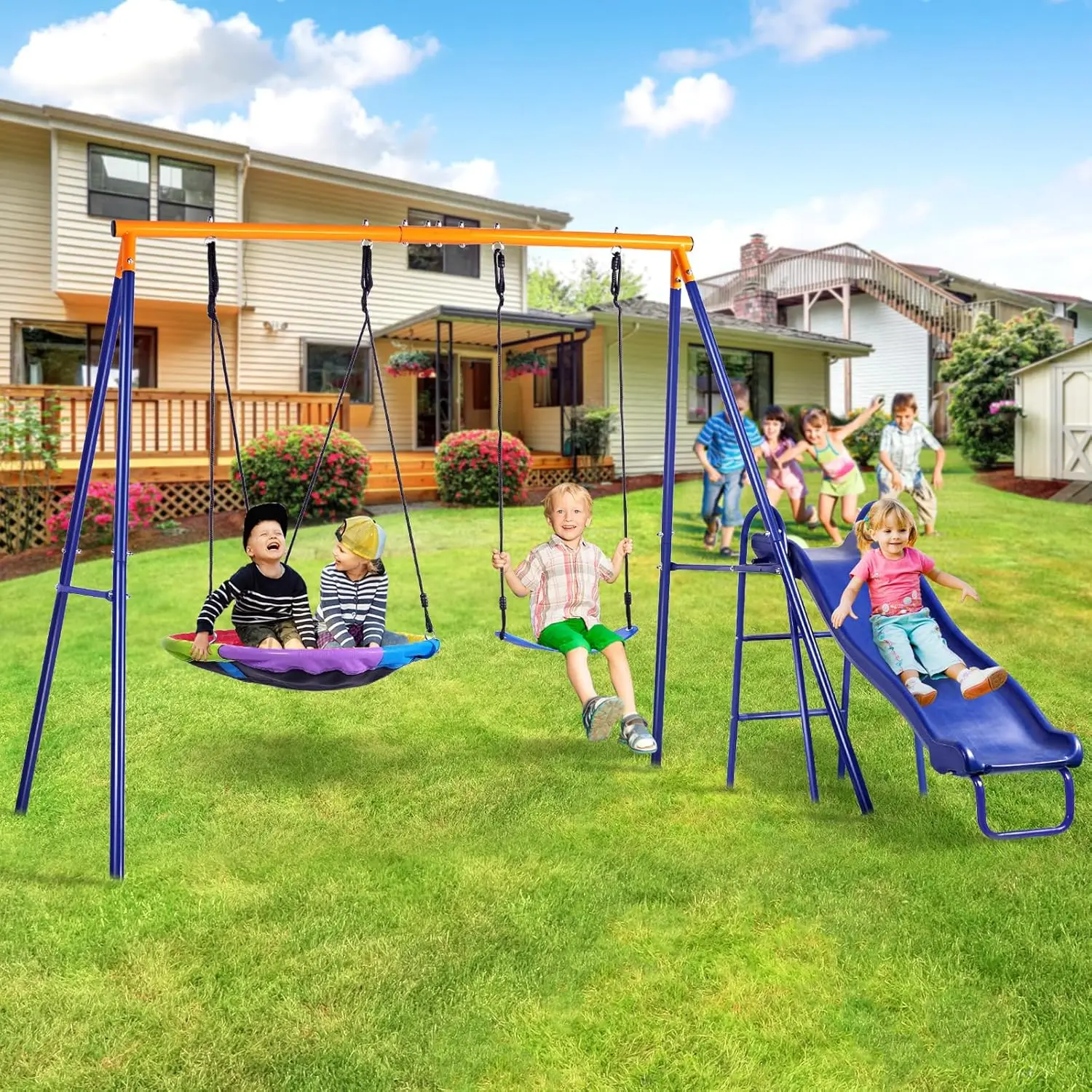 

Heavy-Duty Metal A-Frame Swing Set with Slide and Saucer Swing for Backyard Play, Supports 440lbs