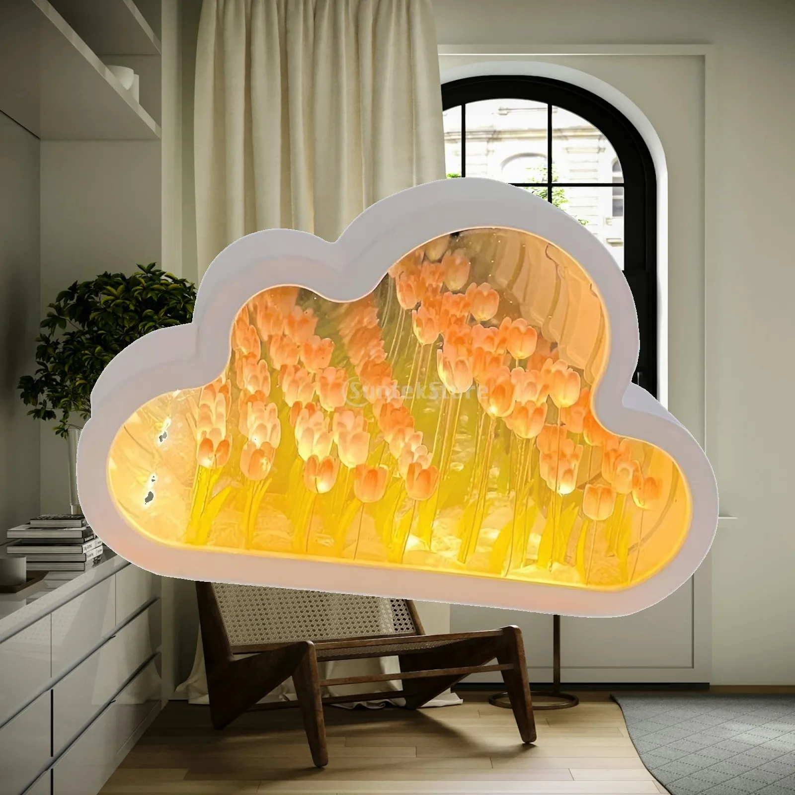 DIY Tulip Mirror Night Light Handmade Holiday Gift 9 Flower Tulip Lamp Bedside Table Light for Home Office Bathroom Living Room