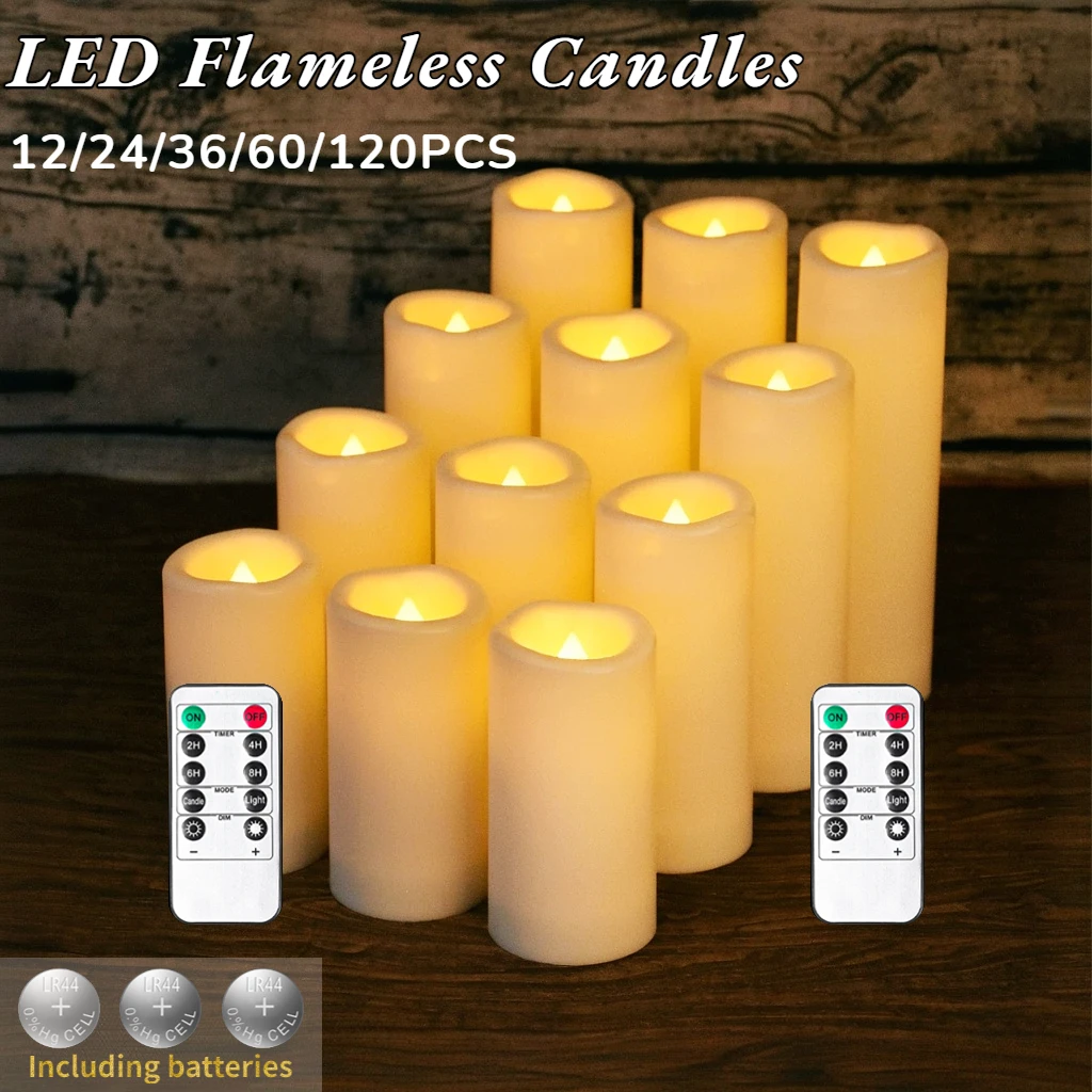 

12-120PCS Flickering LED Candles Wedding Decor Flameless Candles with Remote Control Battery Operated Tealight Dinner Home Party