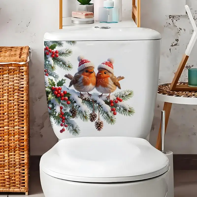 Christmas Holiday Toilet Decal Cute Robin Design Waterproof Self-Adhesive for Bath Home Winter Decoration