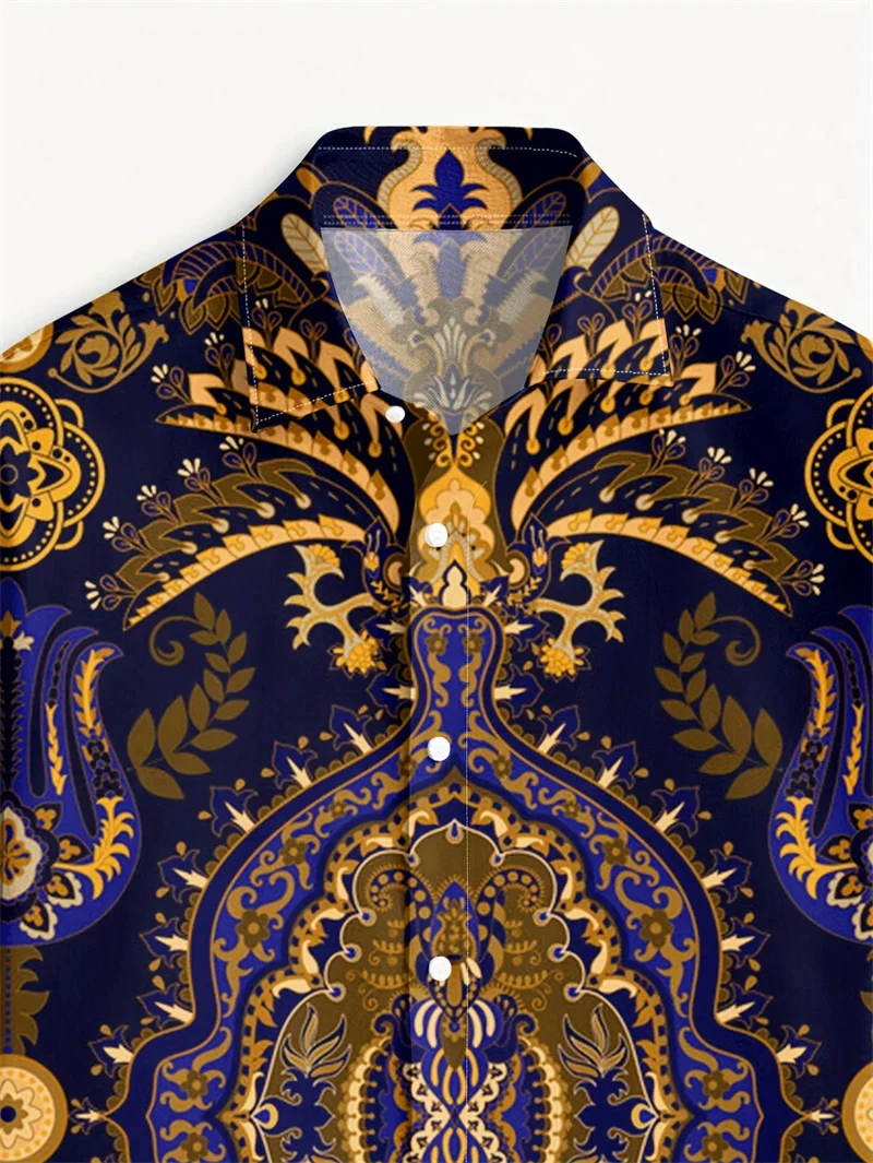 2025 nueva camisa de manga larga de moda Retro para hombre, camisa informal con botones y cuello, camisa estampada étnica para hombre