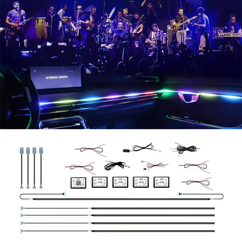 

Универсальный 64-цветный символьный автомобильный окружающий свет для салона автомобиля, светодиодное атмосферное освещение, управление через приложение 18 в 1, атмосферное украшение