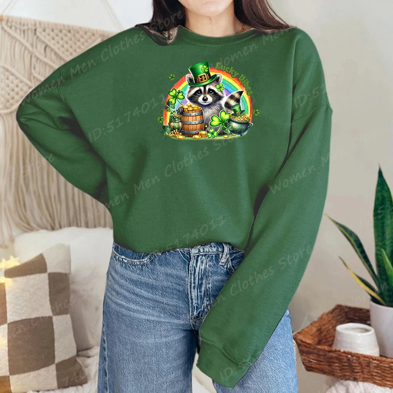 St Patrick's Day Racoon Lucky Vibes Hoodeless Sweatshirts Women Casual Creative Personalized Sweatshirts Autumn Winter Pullovers