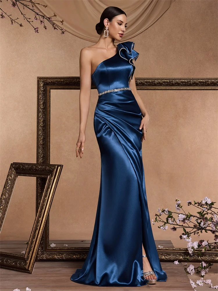 Lucyinlove Luxury Blue Mermaid Prom Dresses Split Satin Sexy Evening Dress Elegant Long Formal Saudi Arabia Cocktail Party Gowns