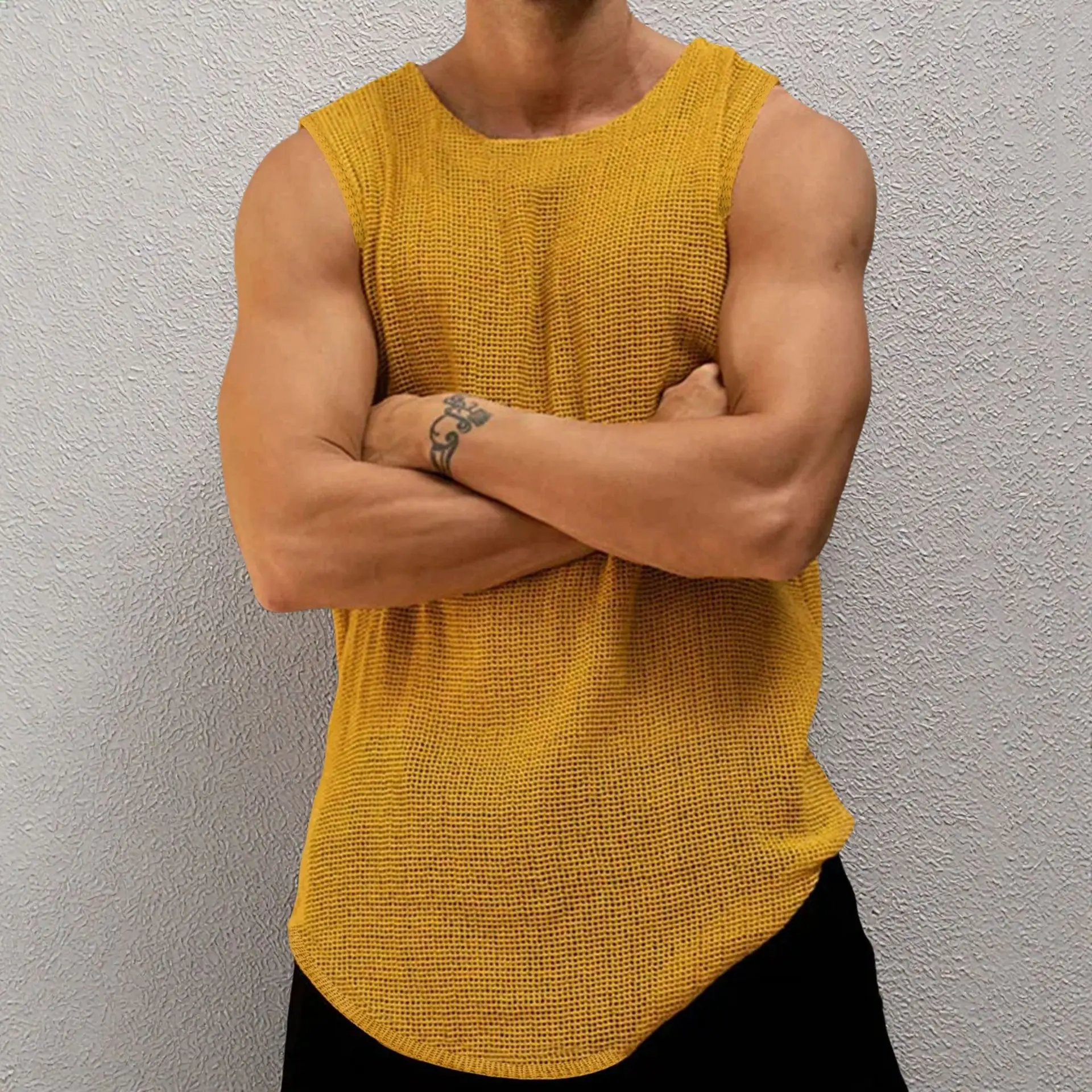 

Men Knitted Tank Tops O Neck Sleeveless Tee Solid Pullover Top Loose Fit Sports Tee Summer Casual Tops Slight Strech 2025