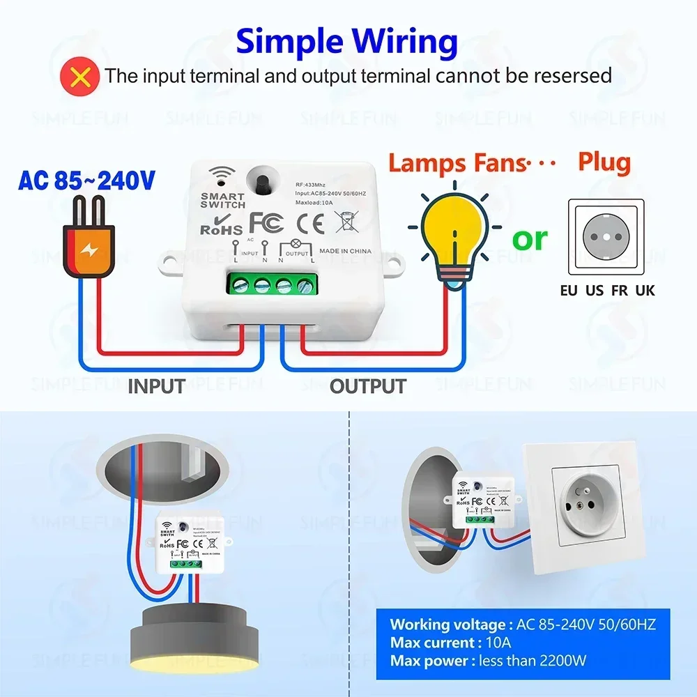 Mini 433MHz Smart Light Switch,50m Self Powered Wireless Wall Switch No Need Battery,110V 220V Mini RF Module,for Home Appliance