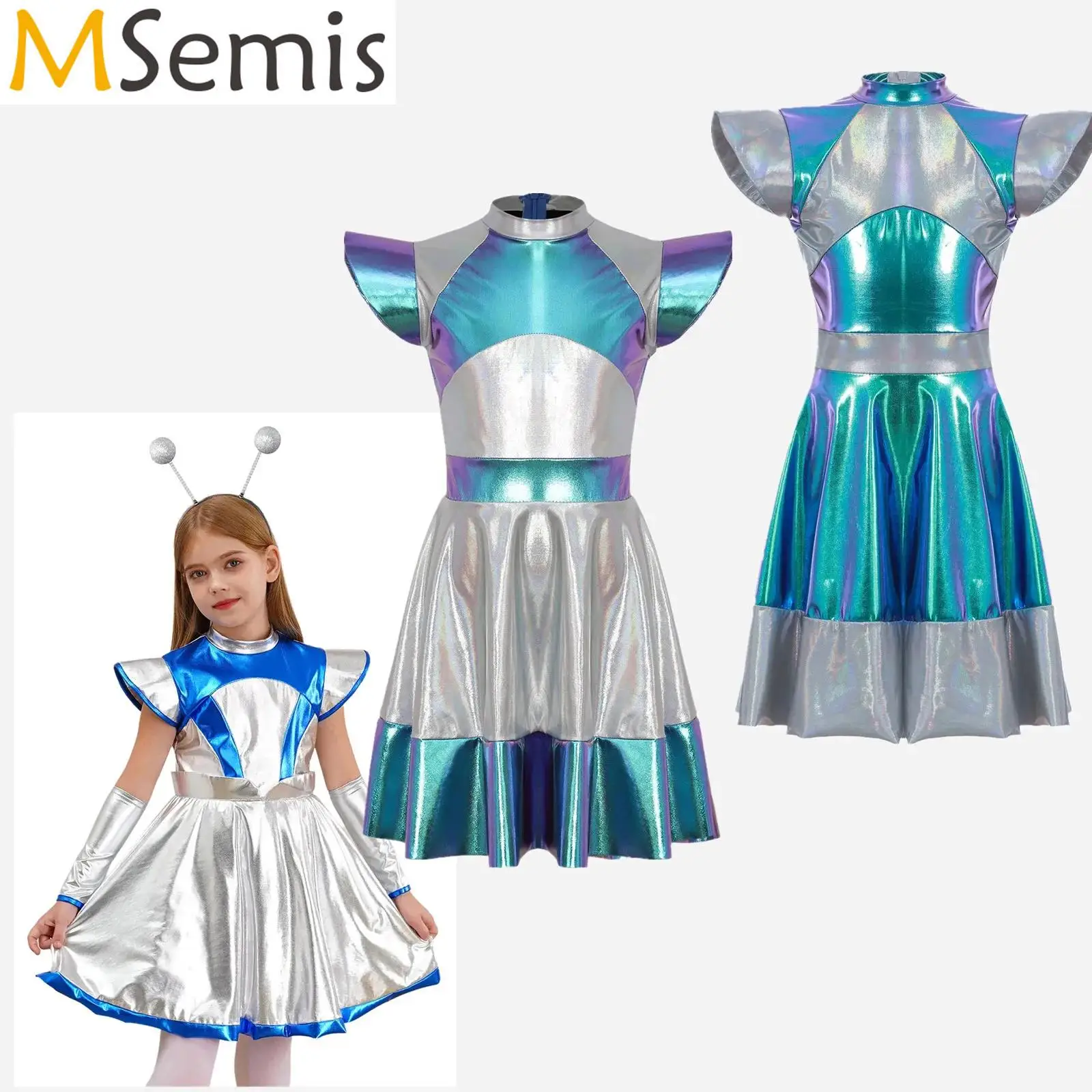 

3Pcs Kids Girls Halloween Alien Astronaut Cosplay Costume Outer Space Cutie Robot Dress Theme Party Performance Roleplay Outfits