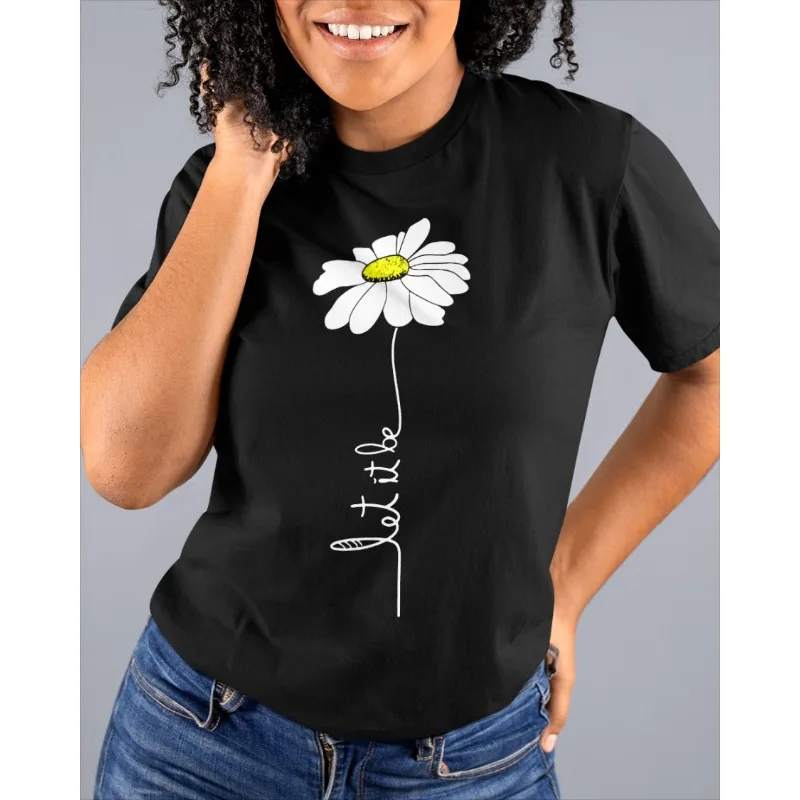 ilstile New Arrival Women's Let It Be Print T-Shirts Short Sleeve O Neck Summer Black Tops Hippie Peace Flowers Tees