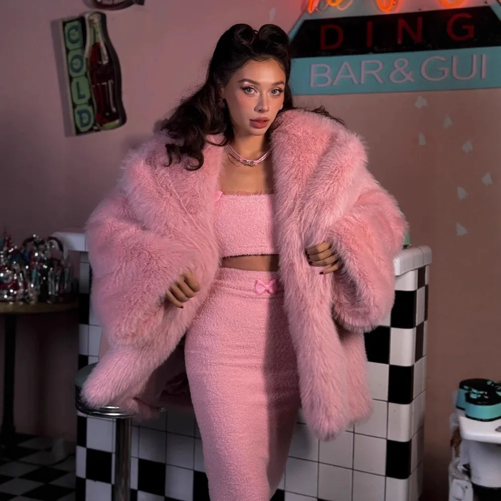 2025 Pink Luxury Imitation Fox Hair Padded Cotton Thickened Environmentally Friendly Fur Jacket Europe and America