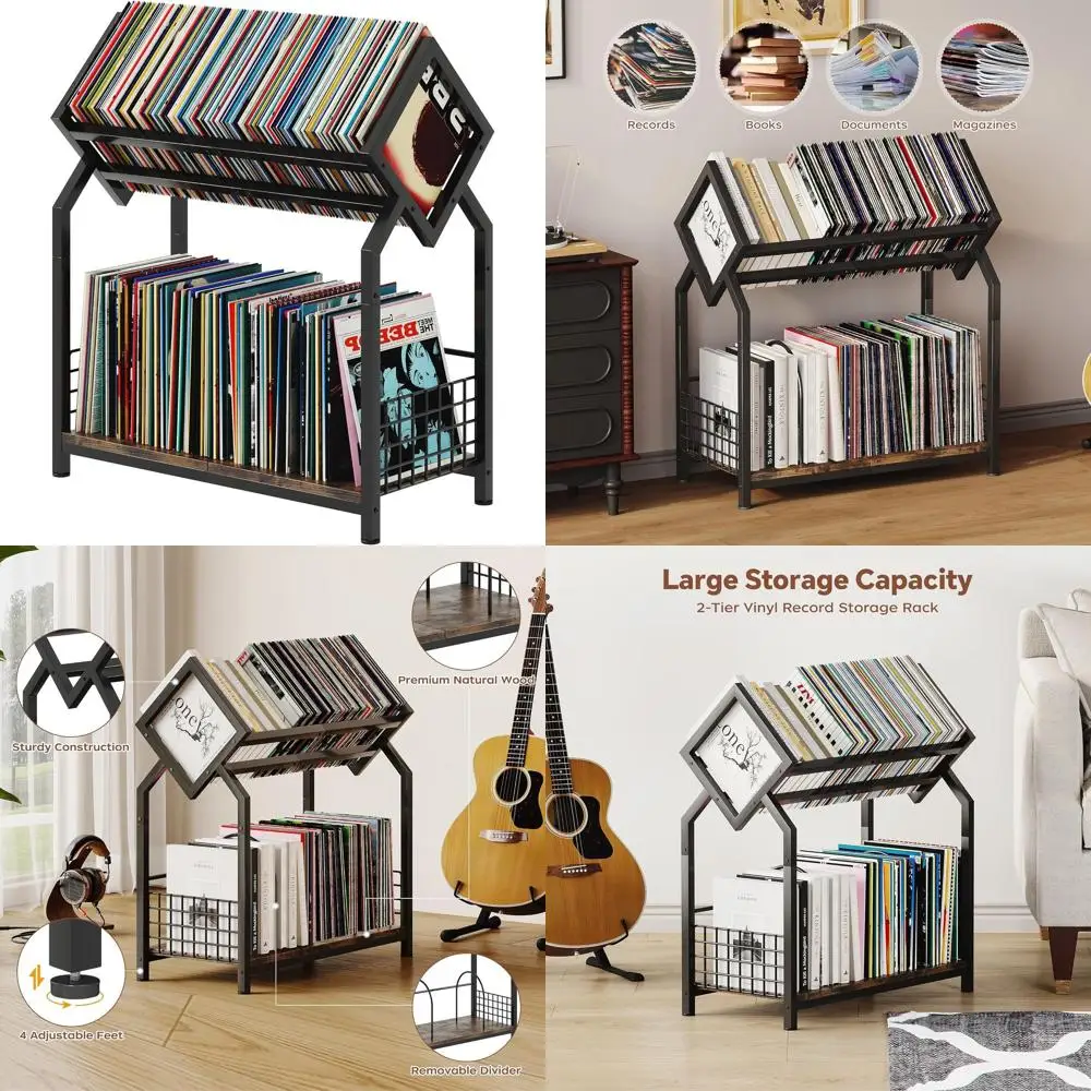 

Two-Tier Vinyl Record Storage Rack, 24.4 Wide, Holds 300 Records with Dividers, Ideal for Albums, Books, and More