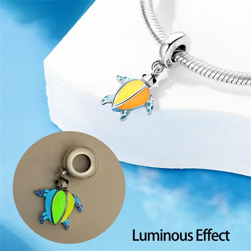 925 Silver Turtle Dolphin Fishtail Shell Seahorses Octopus Luminous Charms Beads Fit Original Bracelets DIY Jewelry Gift