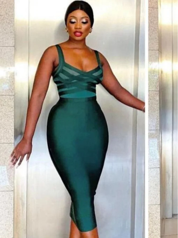 Hot Selling bandage dress 2023 Summer new dark green strap long dress party dress