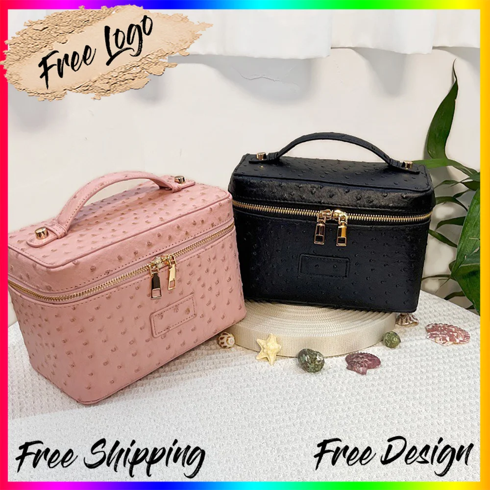 Ostrich Embossed Vegan Leather Makeup Bag with Custom Logo Private Label Travel Cosmetic Storage Pouch Handbag Wholesale