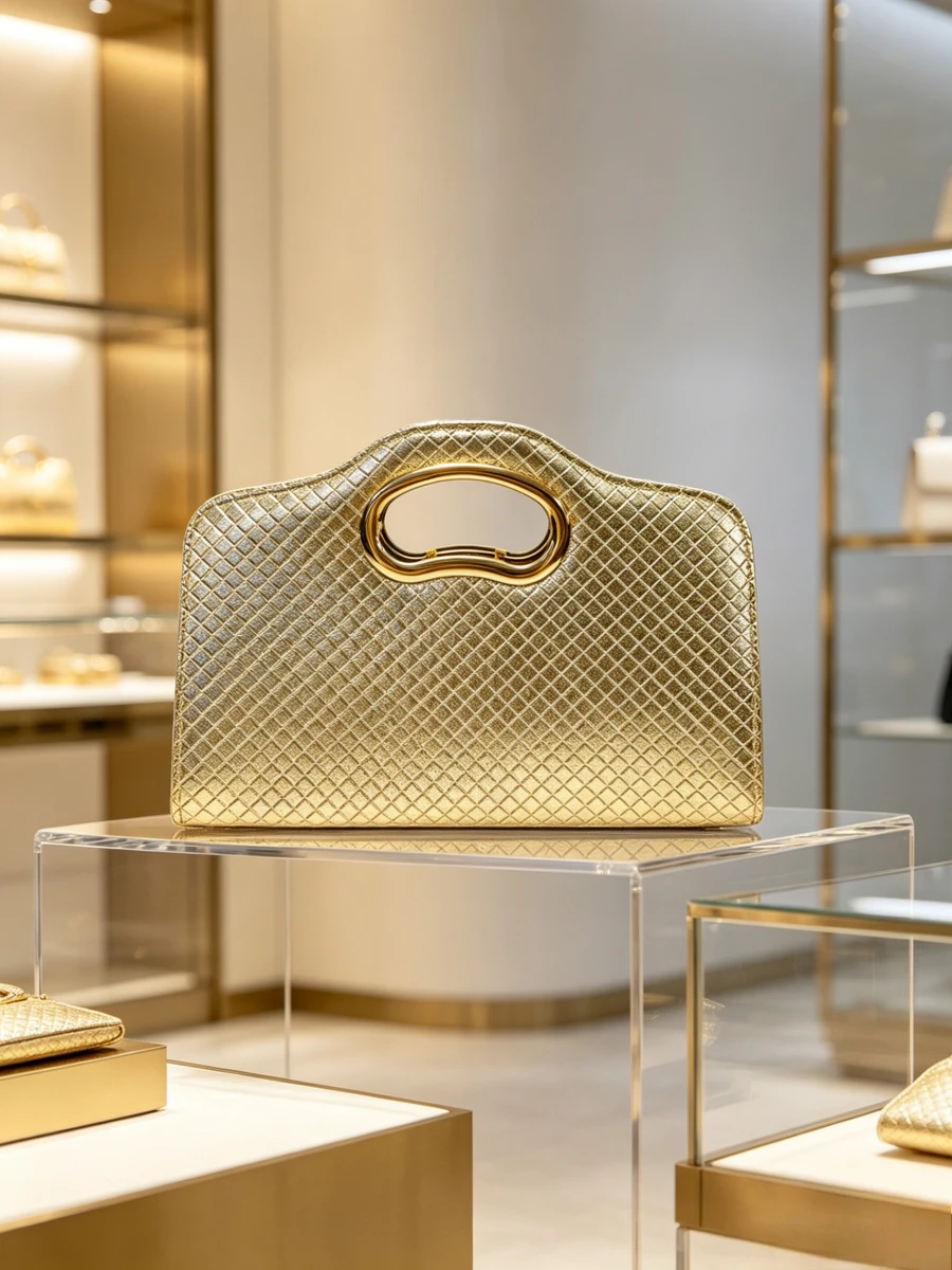 Metallic Gold Grid Embossed Hollow Oval Big Ring Clutch Luxury Minimalist Dual-use Evening Purse For Mature Women Daily Handbag